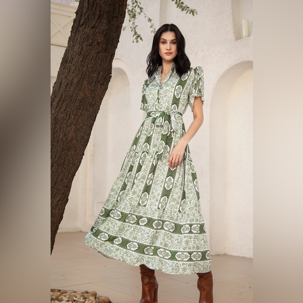 Beyond by Vera Green Belted Maxi Dress L Viscose Spring Summer Classic Elegant